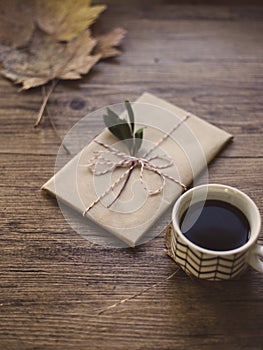 Wrapped books on a table and coffee