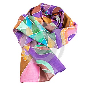 Wrapped brown, violet, green batic silk scarf