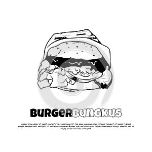 Wrapped burger with white wrap in hand drawn design for burger shop template. The meaning of bungkus is wrapped