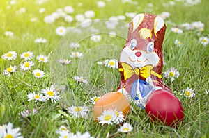 Wrapped Chocolate Bunny with Easter Eggs in the Grass Horizontal