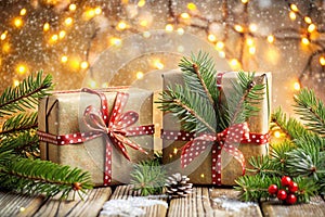Wrapped Christmas presents with tree branches photo