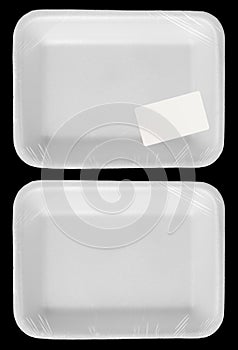 Wrapped empty plastic white food container with label