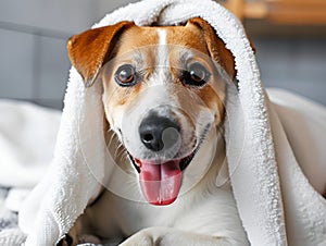 Wrapped in a fluffy towel, a dog shares a happy grin post-bath, epitomizing the joy of clean