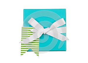 Wrapped Gift Box and White Ribbon Bow on White background