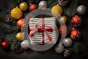 A wrapped gift surrounded by christmas ornaments created with generative AI technology