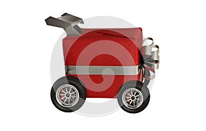 Wrapped gift on a trolley with wheels. concept of fast and express delivery. 3d render
