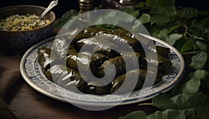 Wrapped grape leaf dolmades on a plate, ready to eat gourmet appetizer generated by AI