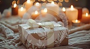 Wrapped Present on Bed With Lit Candles