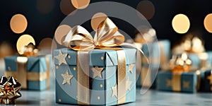 wrapped present on blue background, with stars