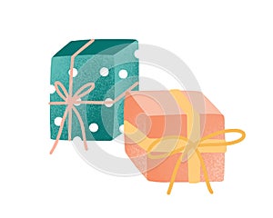 Wrapped presents flat vector illustration. Gift boxes decorated with ribbons isolated on white background. Wrapped