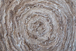 Wrapped in a roll in the clockwise direction fluffy wavy mineral wool consisting of hair layers of brown and white color.