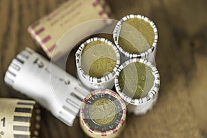 Wrapped stacks of canadian dollar coins to allow easy counting