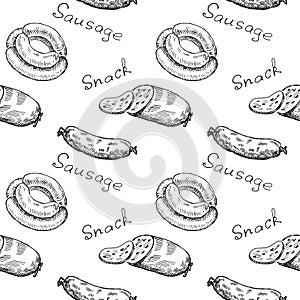 Wrapper. Vintage seamless pattern with sausage, snack and text.