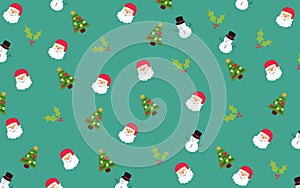 Wrapping paper on Green background with christmas trees, santa Claus and snowmen