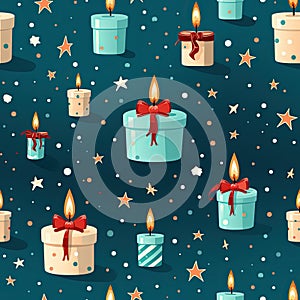 wrapping paper pattern with present box, candle, star, balloon on green background, in a pastel vector style for a festive look