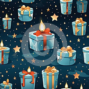 wrapping paper pattern with present box, candle, star, balloon on green background, in a pastel vector style for a festive look