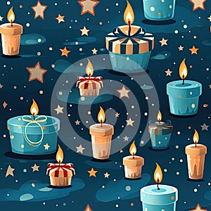 wrapping paper pattern with present box, candle, star, balloon on green background, in a pastel vector style for a festive look