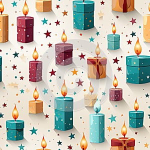 wrapping paper pattern with present box, candle, star, balloon on white background, in a pastel vector style for a festive look