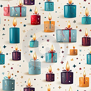 wrapping paper pattern with present box, candle, star, balloon on white background, in a pastel vector style for a festive look