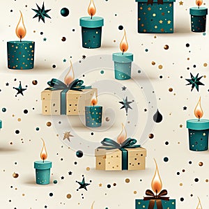 wrapping paper pattern with present box, candle, star, balloon on white background, in a pastel vector style for a festive look