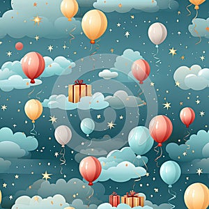 wrapping paper pattern with present box, star, balloon on green background, in a pastel vector style for a festive look
