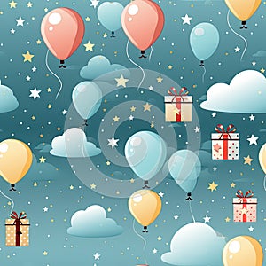 wrapping paper pattern with present box, star, balloon on green background, in a pastel vector style for a festive look