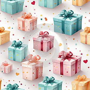 wrapping paper pattern with present box, star, balloon on white background, in a pastel vector style for a festive look