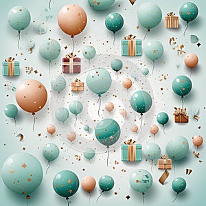 wrapping paper pattern with present box, star, balloon on white background, in a pastel vector style for a festive look