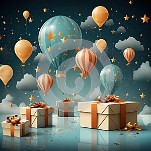 wrapping paper pattern with present box, star, balloon on white background, in a pastel vector style for a festive look