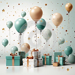 wrapping paper pattern with present box, star, balloon on white background, in a pastel vector style for a festive look