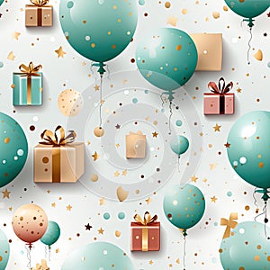 wrapping paper pattern with present box, star, balloon on white background, in a pastel vector style for a festive look