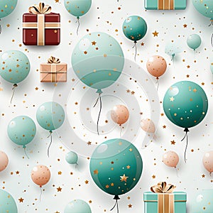 wrapping paper pattern with present box, star, balloon on white background, in a pastel vector style for a festive look