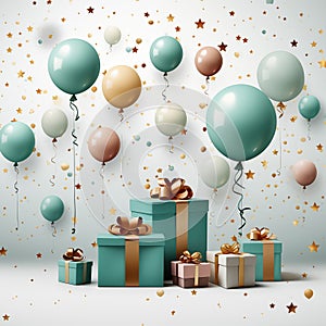 wrapping paper pattern with present box, star, balloon on white background, in a pastel vector style for a festive look