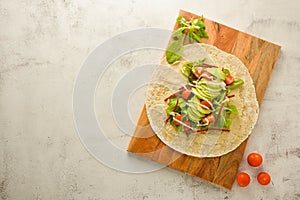 Wraps or torttila. Open avocado, vegan wraps. Healthy food. Copy space photo