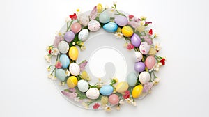 Wreath adorned with decorated eggs, symbolizing Easter.AI Generated