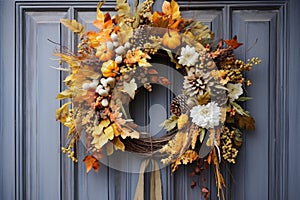 A wreath of autumn flowers on the front door for Thanksgiving