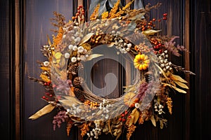 A wreath of autumn flowers on the front door for Thanksgiving