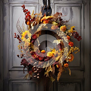 A wreath of autumn flowers on the front door for Thanksgiving