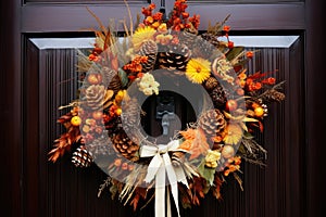 A wreath of autumn flowers on the front door for Thanksgiving