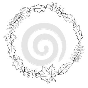 Wreath of autumn leaves. Doodle contour illustration. Round frame. Black outline on a white background