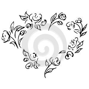 Wreath of black roses in form of heart isolated of white. Foral frame design elements for invitations, greeting cards, posters,