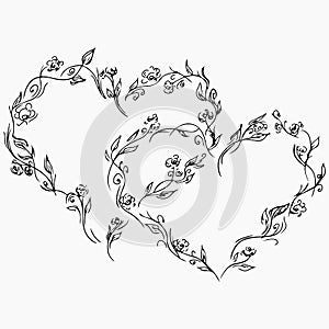 Wreath of black roses or peonies flowers and branches in form of heart. Foral frame design elements for invitations, greeting