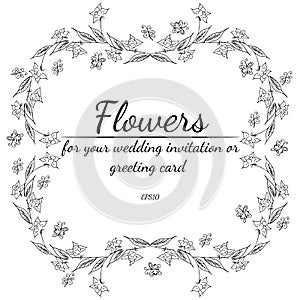 Wreath of black roses or peonies flowers and branches on white background. Foral frame design elements for invitations, greeting