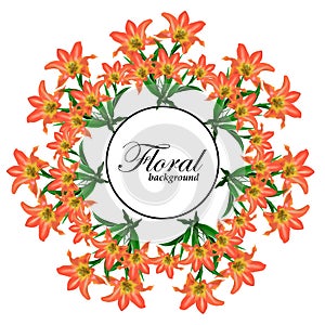 Wreath of blooming beautiful orange tulip with flowers background template. Vector set of blooming floral for wedding