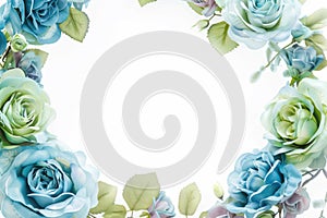 Wreath with blue green roses in watercolor, white background and copy space