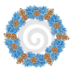 Wreath of blue spruce branches and cones. Hand-drawn collection of festive decor and greeting cards. Vector illustration