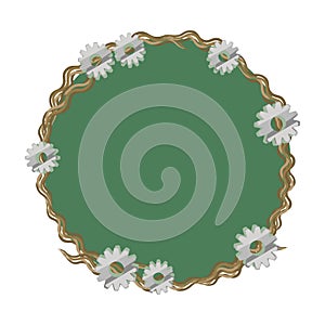 Wreath border of bark of fine twisted branches green with metal technical steampunk small and large gear isolated on white backgro