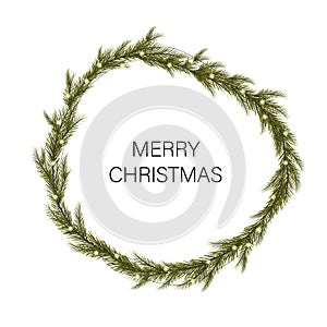 The wreath of branch Christmas tree with glowing garland on white background. Vector illustration for new year and christmas