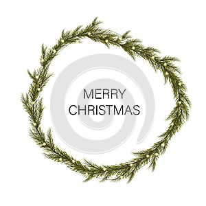 The wreath of branch Christmas tree with glowing garland on white background. Vector illustration for new year and christmas desig