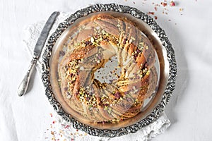Wreath Bread on a vintage tray with pistachio filling